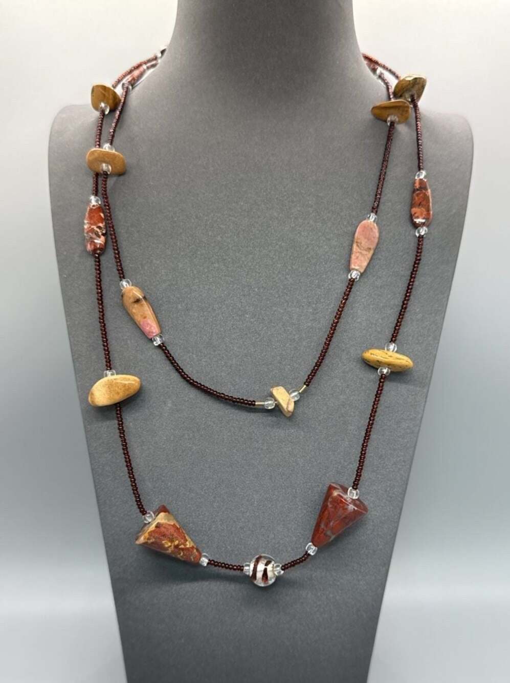 Multi Stone Jasper & Seed Bead Long Statement Necklace Handcrafted Boho Vintage